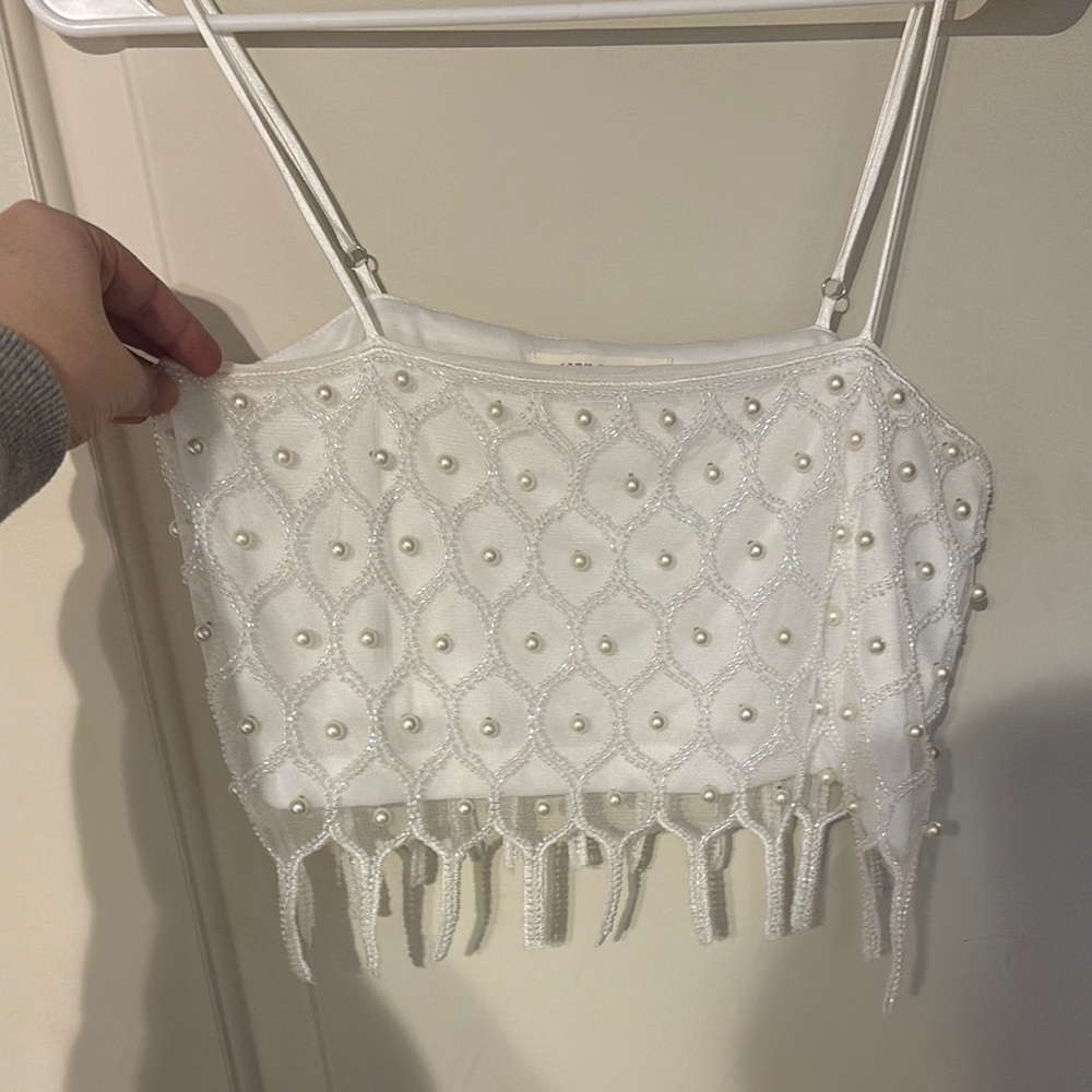 12th Tribe White Beaded Pearl Fringe Crop Top
